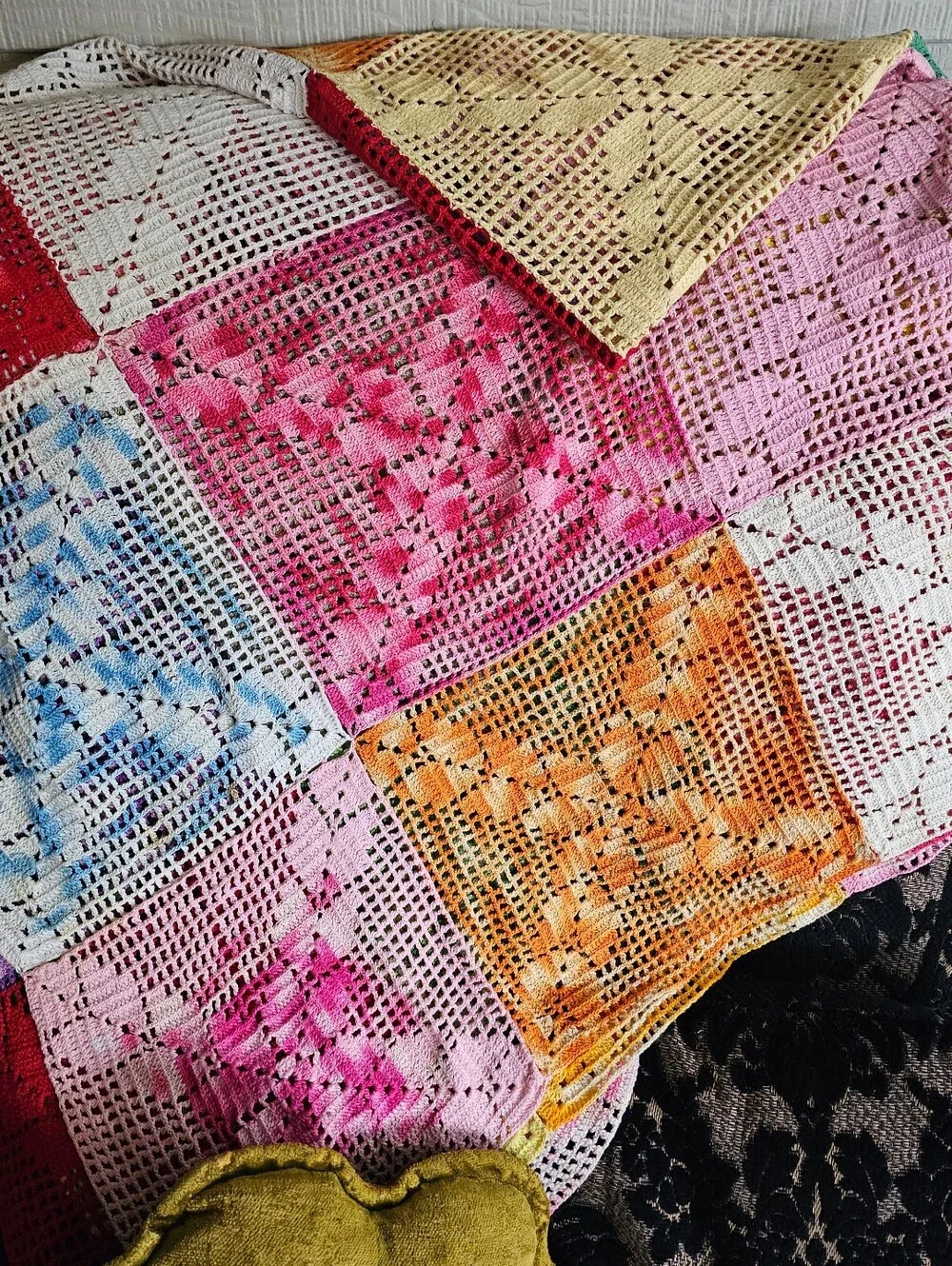 VINTAGE Handmade String Patchwork Diamond- In-Square Design Throw Blanket